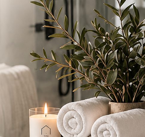 Rolled towels and greenery in a marble bathroom