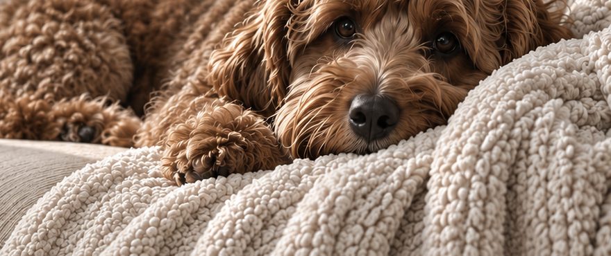 Dog resting on a soft cream blanket