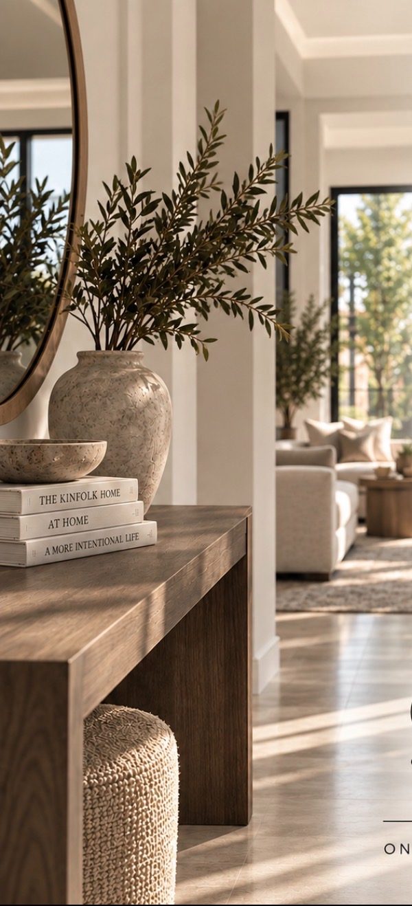 Bright entryway with mirror, olive branches and console table