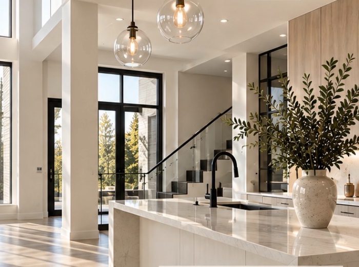 Sunlit kitchen with marble island, pendants and tall windows