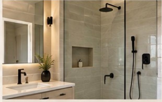 New bathroom with glass shower and vanity