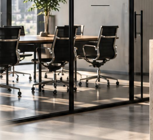 Glass-walled meeting room in a bright office