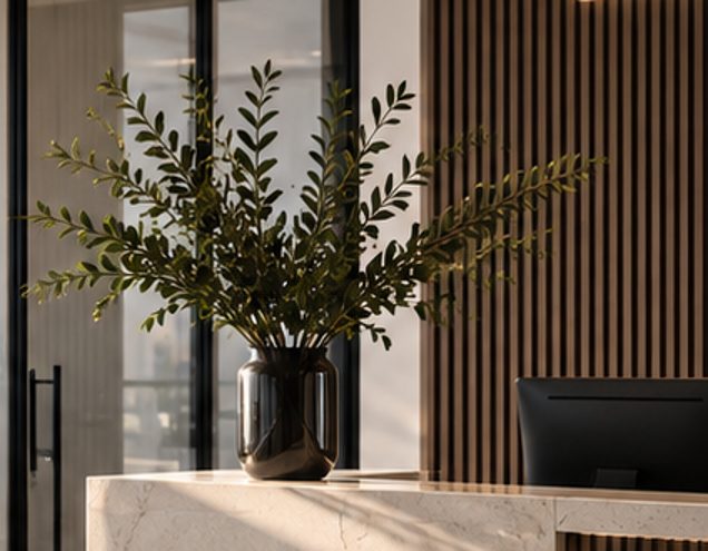 Reception desk with greenery in a modern office