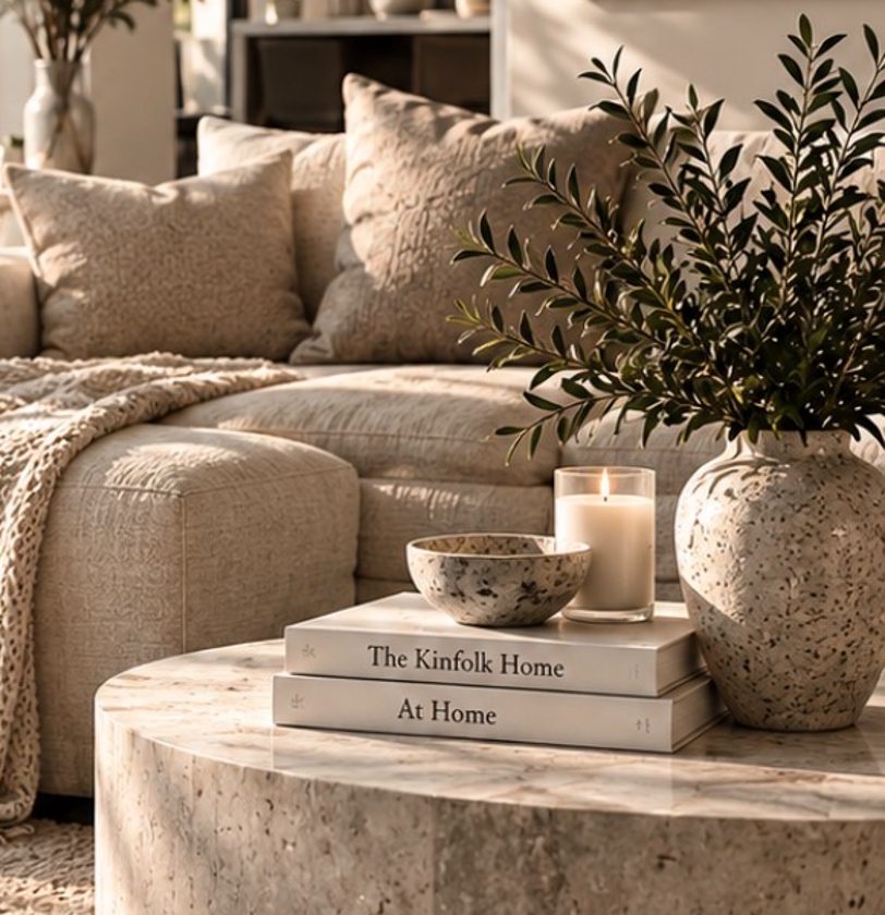 Linen sofa with knit throw and candle